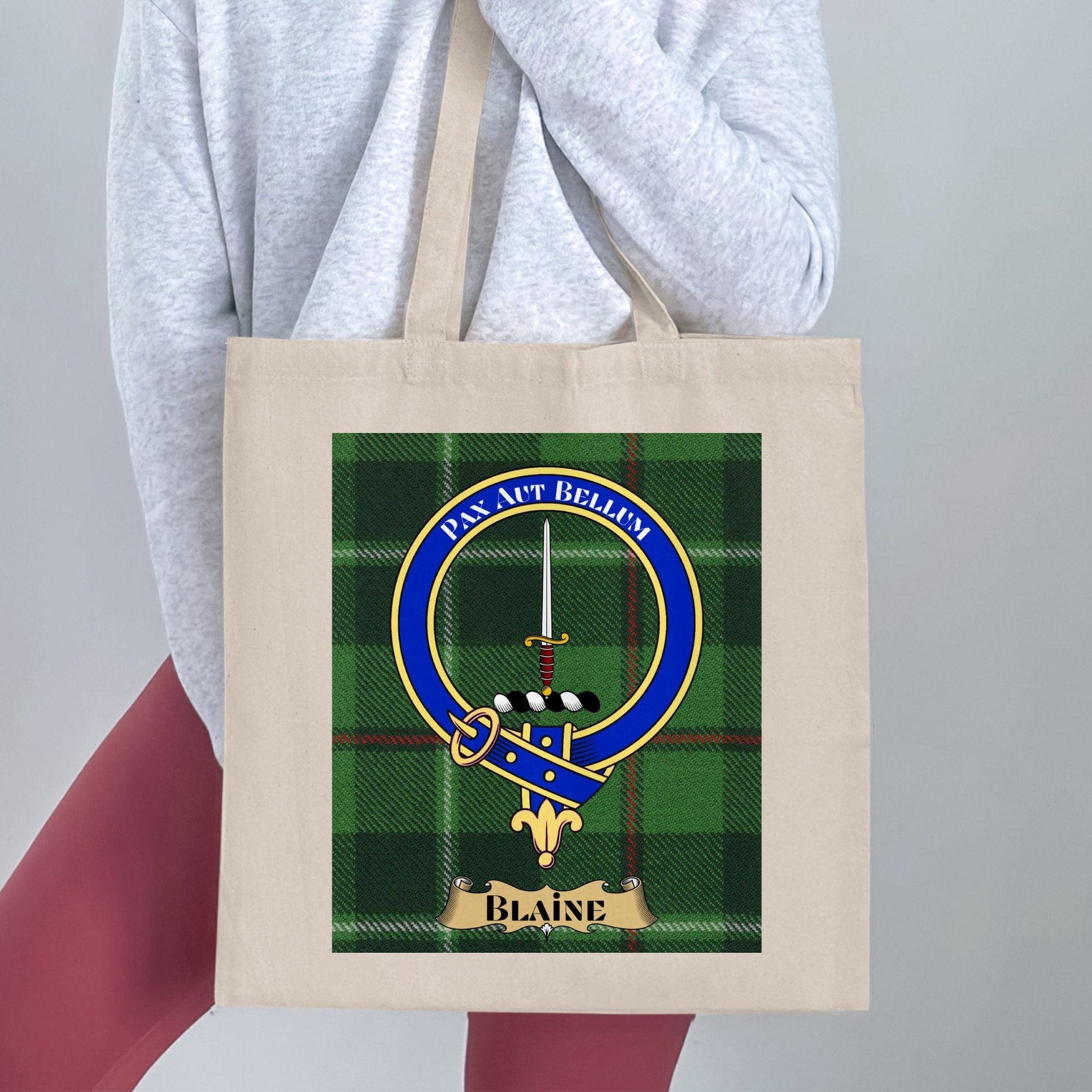 Physical Item 15"x16" / Natural Blaine Clan Crest Scottish Tartan Background Tote Bag