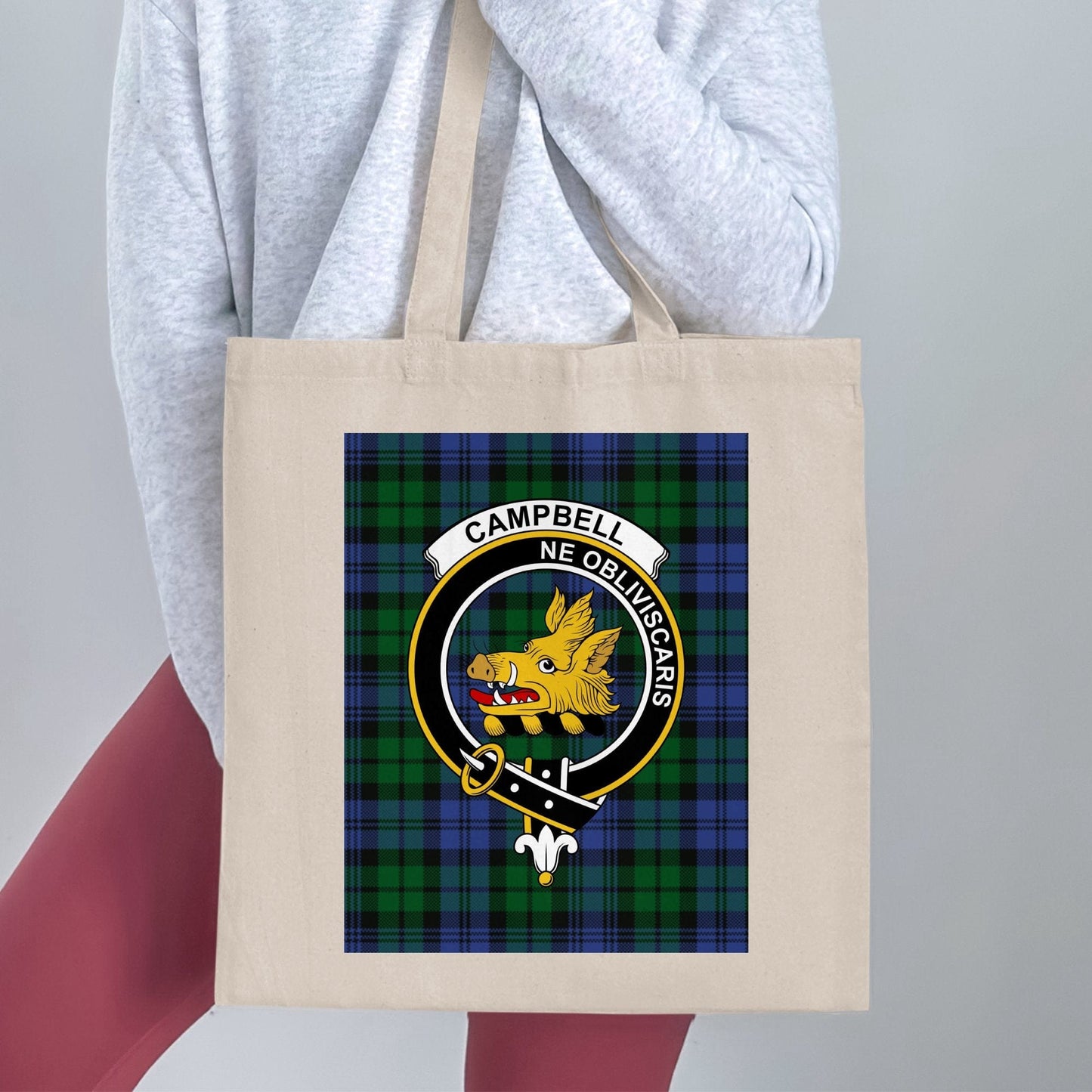 Physical Item 15"x16" / Natural Campbell clan crest on scottish tartan tote bag