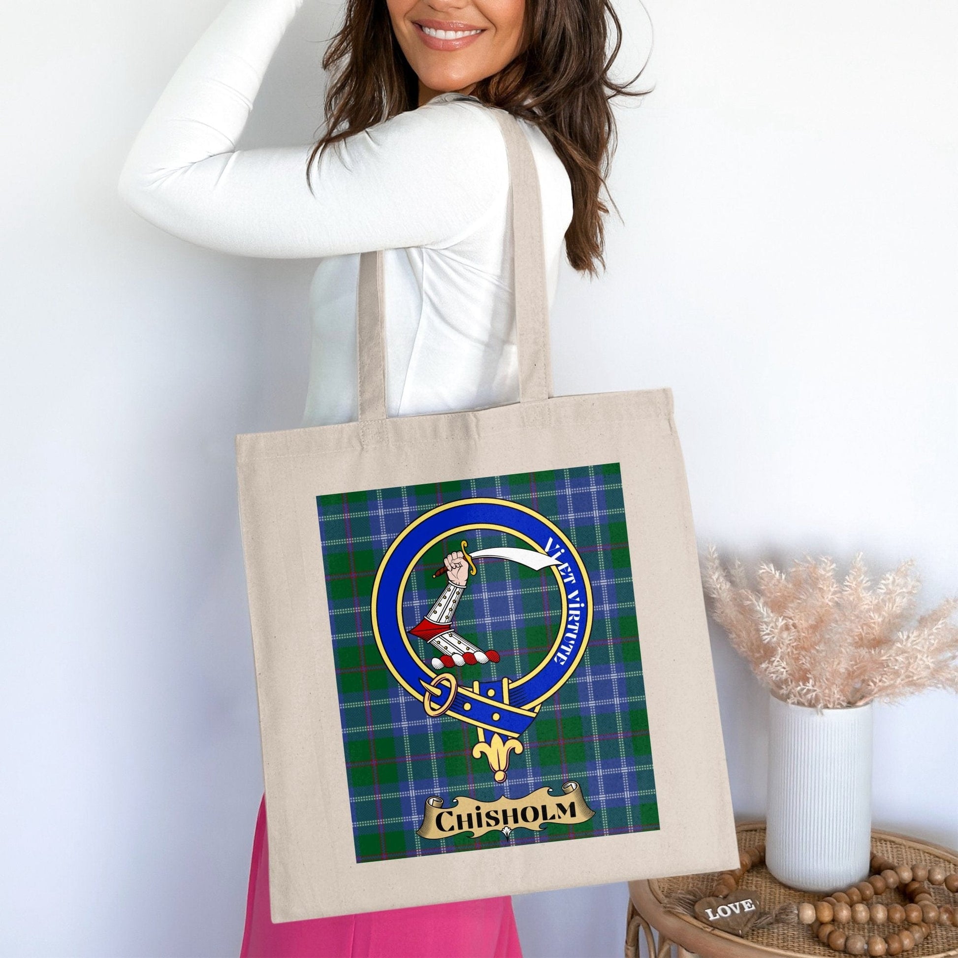 Physical Item 15"x16" / Natural Chisholm Clan Crest Tartan Background Tote Bag