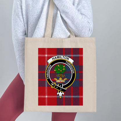 Physical Item 15"x16" / Natural Clan Hamilton Scottish Crest Tartan Tote Bag