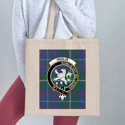 Physical Item 15"x16" / Natural Clan Inglis Scottish Crest Tartan Tote Bag