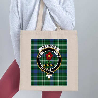 Physical Item 15"x16" / Natural Clan Learmonth Scottish Crest Tartan Tote Bag