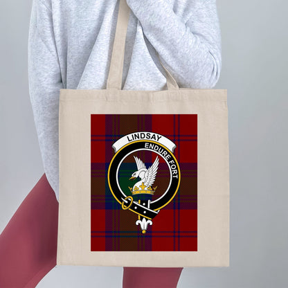 Physical Item 15"x16" / Natural Clan Lindsay Crest Scottish Tartan Tote Bag