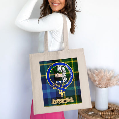 Physical Item 15"x16" / Natural Cleghorn Clan Crest on Scottish Tartan Tote Bag