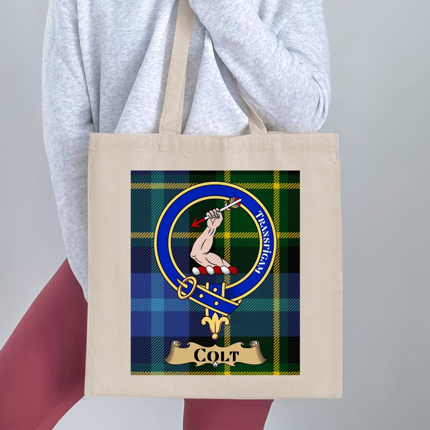 Physical Item 15"x16" / Natural Colt Clan Crest Tartan Pattern Scottish Tote Bag