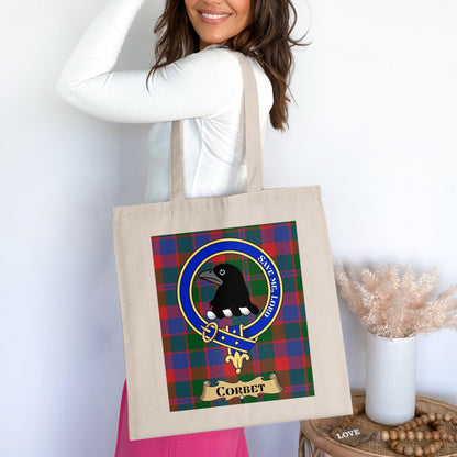 Physical Item 15"x16" / Natural Corbet Clan Scottish Tartan Background Tote Bag