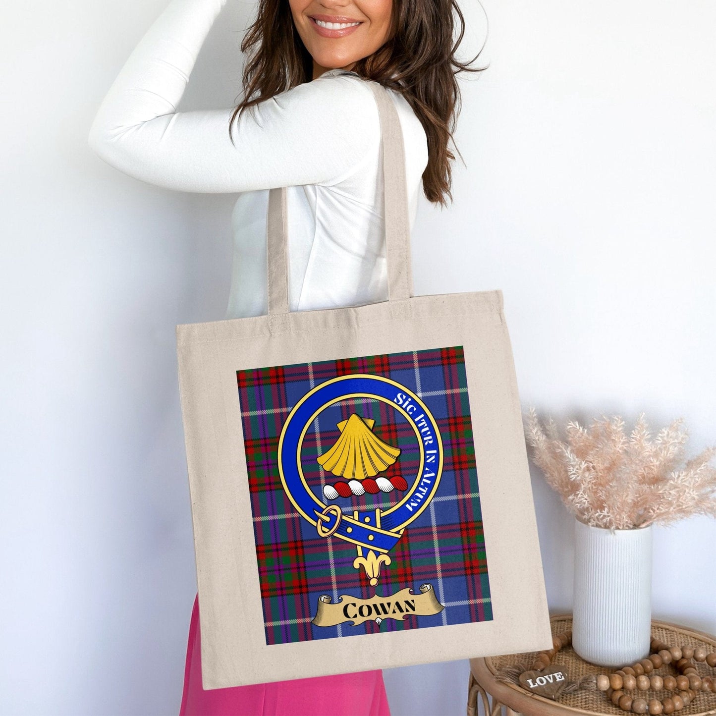 Physical Item 15"x16" / Natural Cowan Clan Scottish Tartan Background Tote Bag