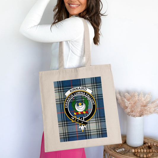 Physical Item 15"x16" / Natural Kinnaird Clan Scottish Crest on Tartan Tote Bag