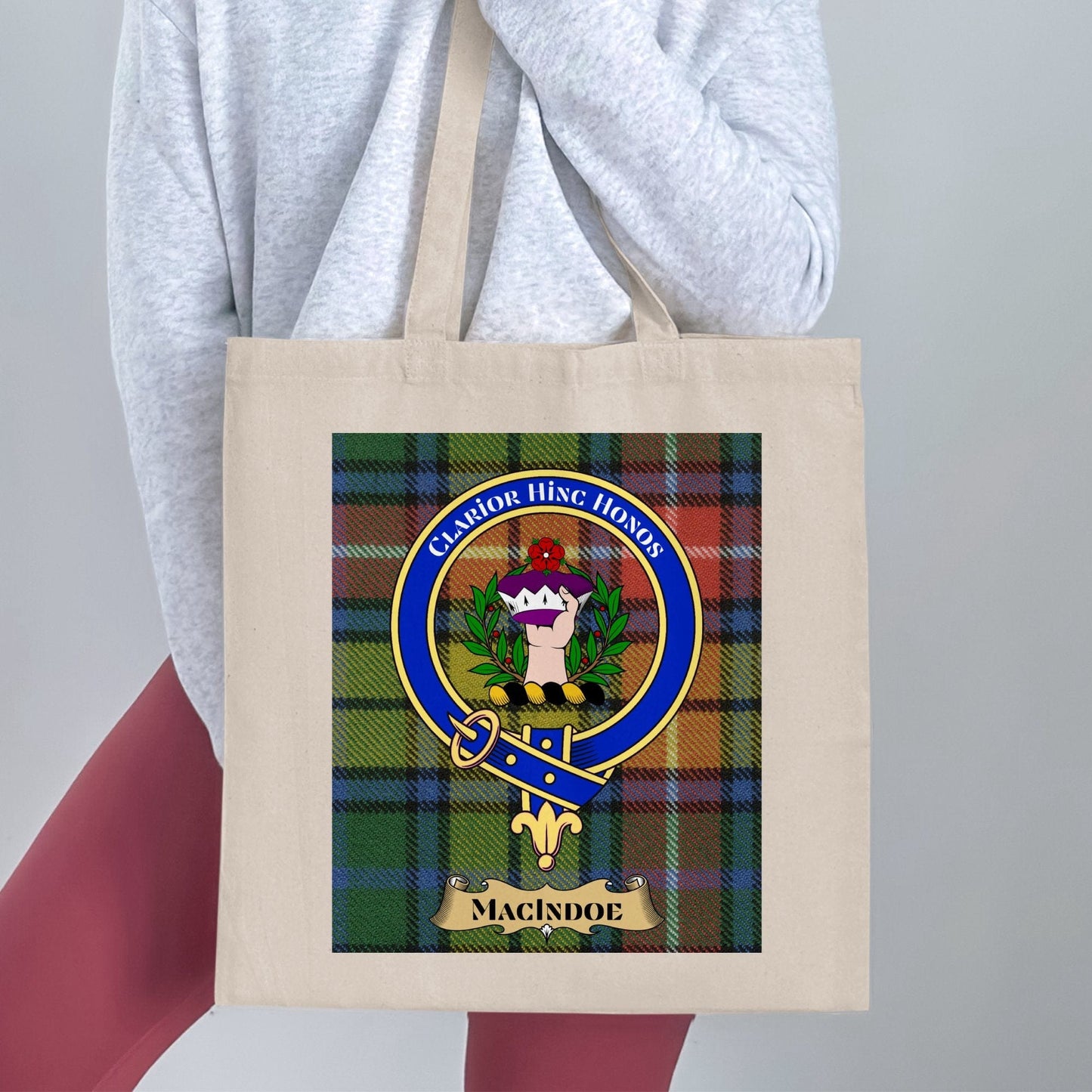 Physical Item 15"x16" / Natural Macindoe Clan Scottish Tartan Crest Plaid Tote Bag