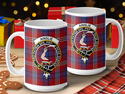 Physical Item 15oz / 15oz / White Ainslie Clan Scottish Tartan Crest Mug