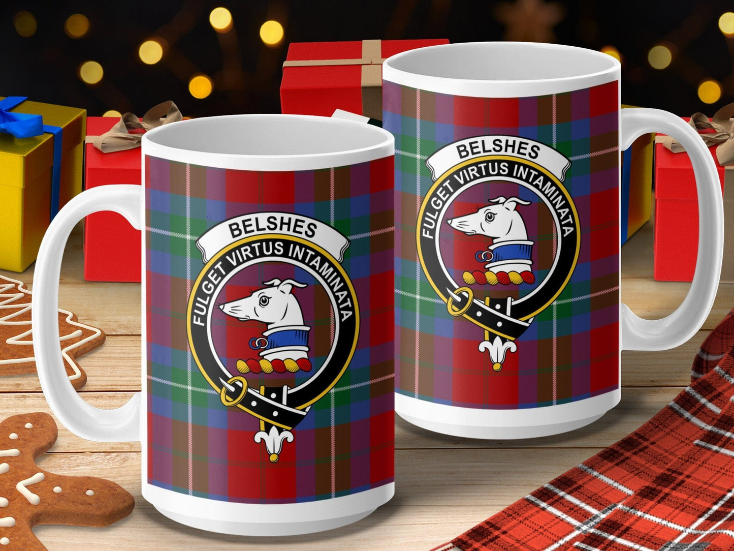 Physical Item 15oz / 15oz / White Belshes Clan Scottish Tartan Crest Mug