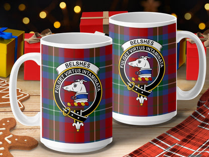 Physical Item 15oz / 15oz / White Belshes Clan Scottish Tartan Crest Mug