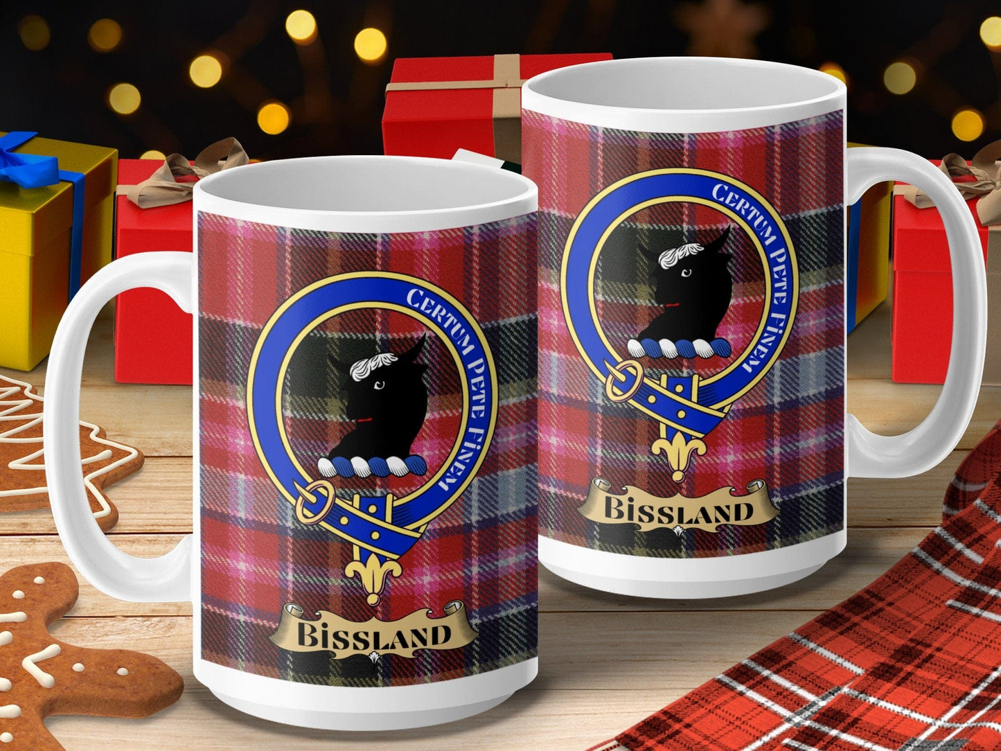 Physical Item 15oz / 15oz / White Bissland Certum Pete Finem Scottish Clan Tartan Mug