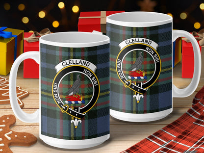 Physical Item 15oz / 15oz / White Clelland Clan Scottish Tartan Crest Mug