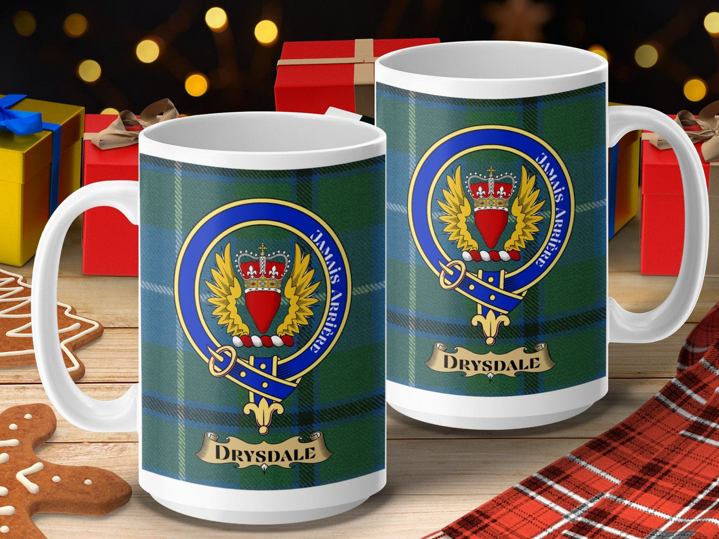 Physical Item 15oz / 15oz / White Drysdale Clan Scottish Tartan Crest mug