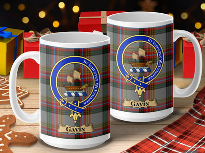 Physical Item 15oz / 15oz / White Gavin Clan Scottish Tartan Crest Mug