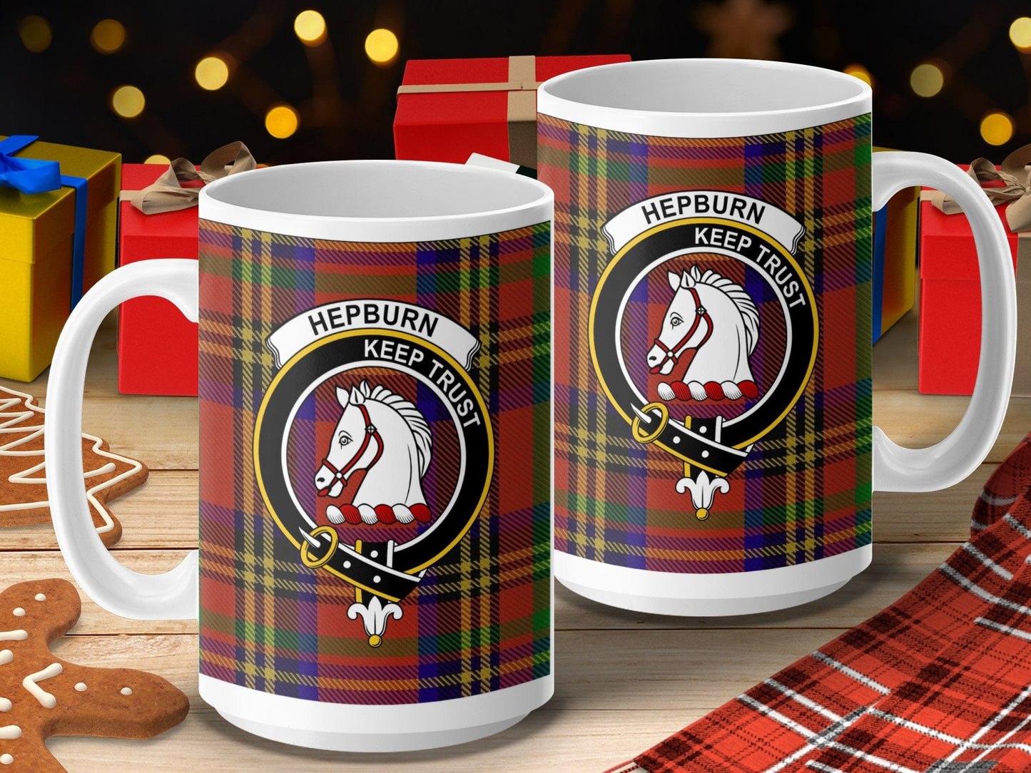 Physical Item 15oz / 15oz / White Hepburn Clan Scottish Tartan Crest Mug