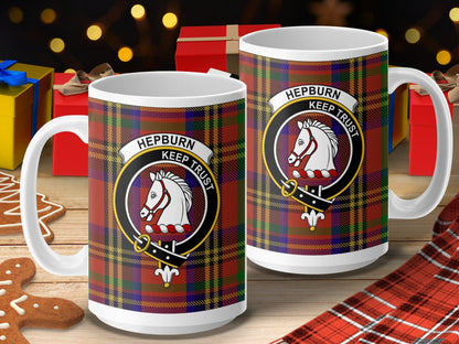 Physical Item 15oz / 15oz / White Hepburn Clan Scottish Tartan Crest Mug