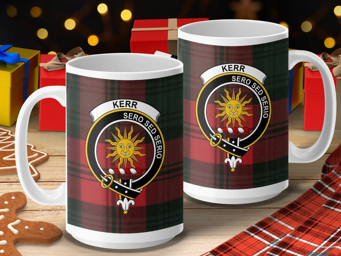 Physical Item 15oz / 15oz / White Kerr Clan Scottish Tartan Crest Sun Design Mug