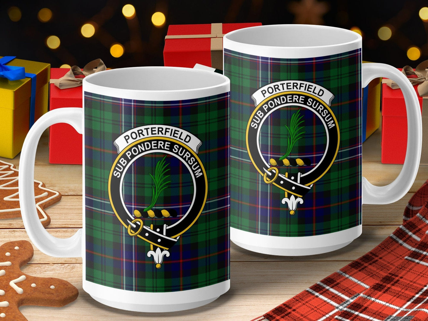 Physical Item 15oz / 15oz / White Porterfield Clan Scottish Tartan Crest Mugs