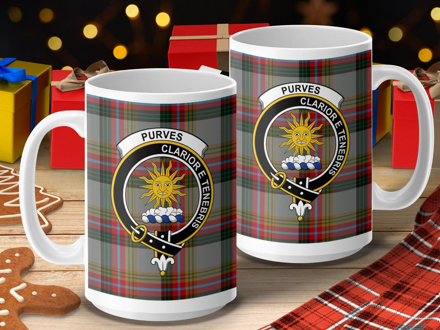 Physical Item 15oz / 15oz / White Purves Clan Scottish Tartan Crest Mugs