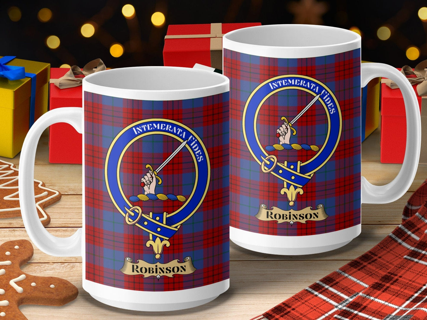 Physical Item 15oz / 15oz / White Robinson Clan Scottish Tartan Crest Mugs