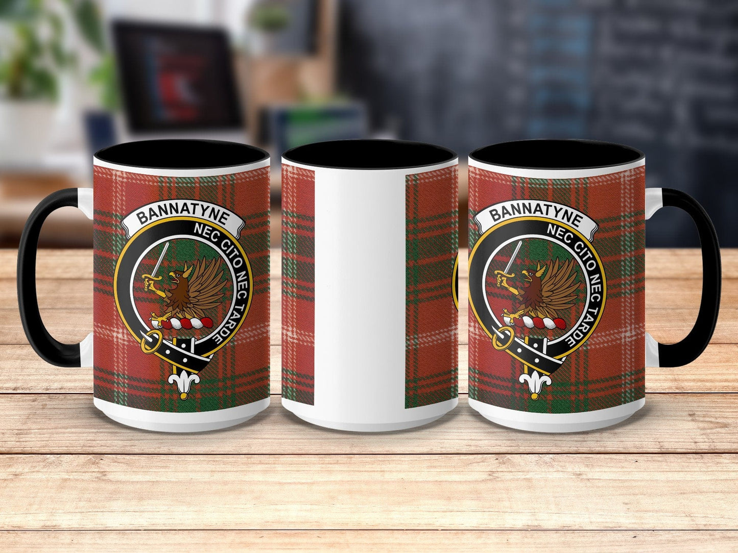 Physical Item 15oz / Black Bannatyne Clan Crest Tartan Scottish Mug