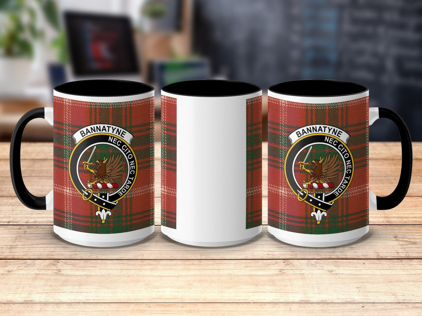 Physical Item 15oz / Black Bannatyne Clan Crest Tartan Scottish Mug