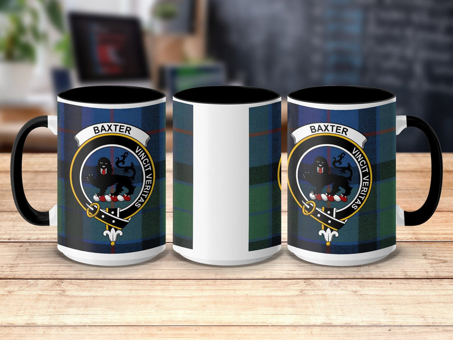 Physical Item 15oz / Black Baxter Clan Crest Tartan Scottish Mug