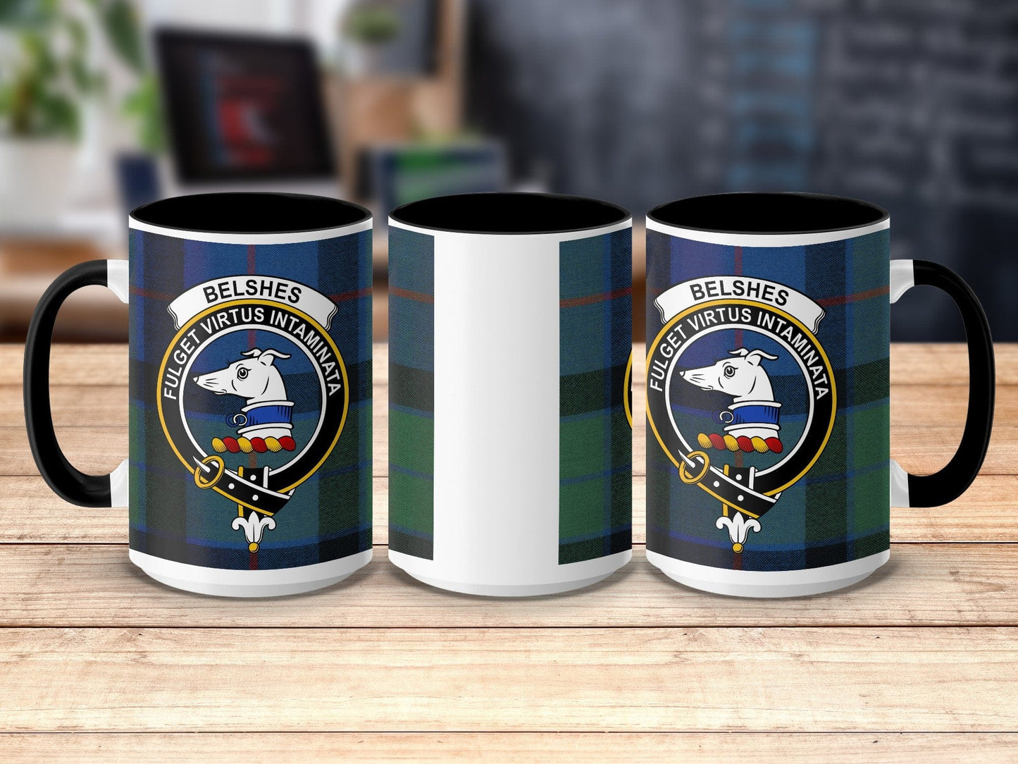 Physical Item 15oz / Black Belshes Clan Crest Tartan Scottish Mug