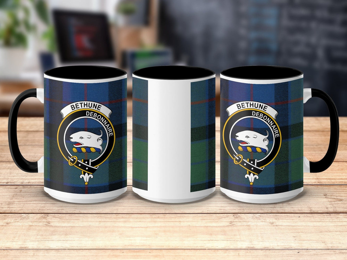 Physical Item 15oz / Black Bethune Clan Crest Tartan Scottish Mug