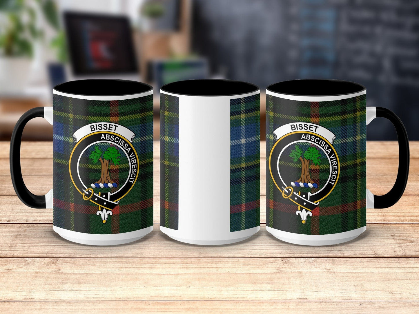 Physical Item 15oz / Black Bisset Clan Crest Tartan Scottish Mug