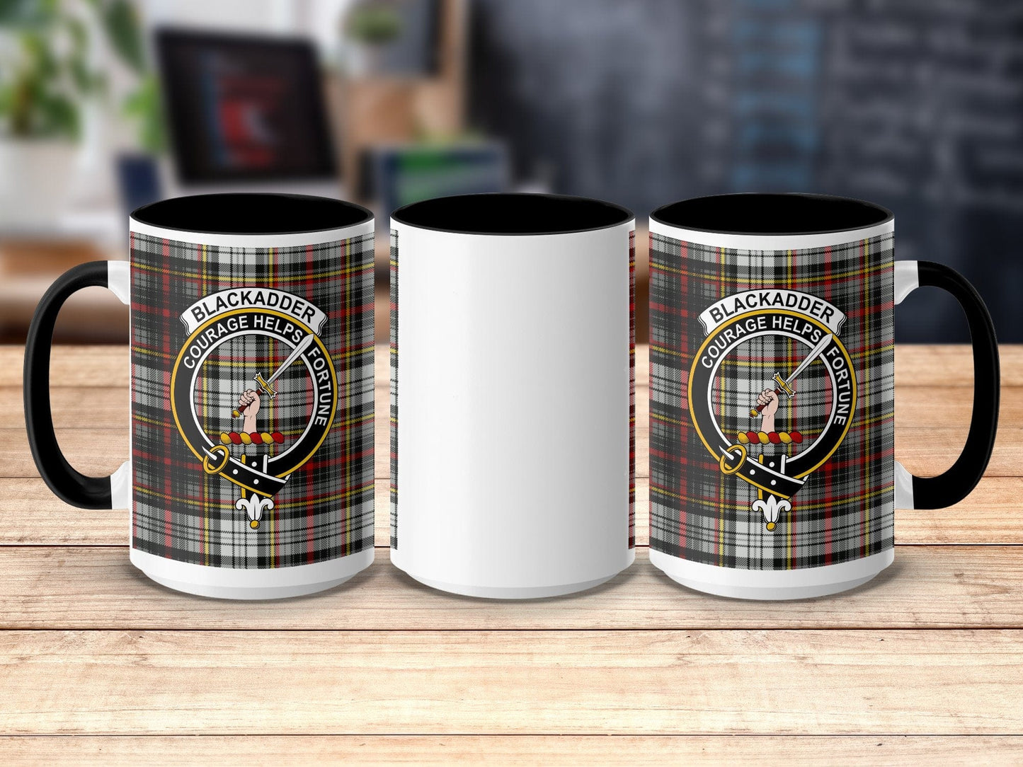 Physical Item 15oz / Black Blackadder Clan Scottish Tartan Crest Mug