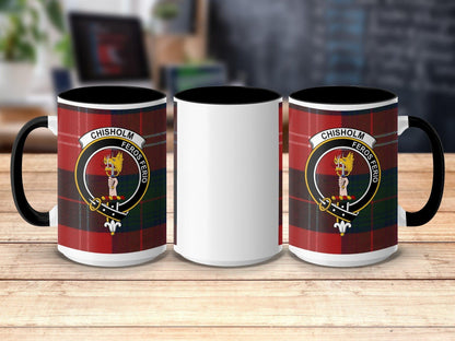 Physical Item 15oz / Black Chisholm Clan Scottish Tartan Crest Mug