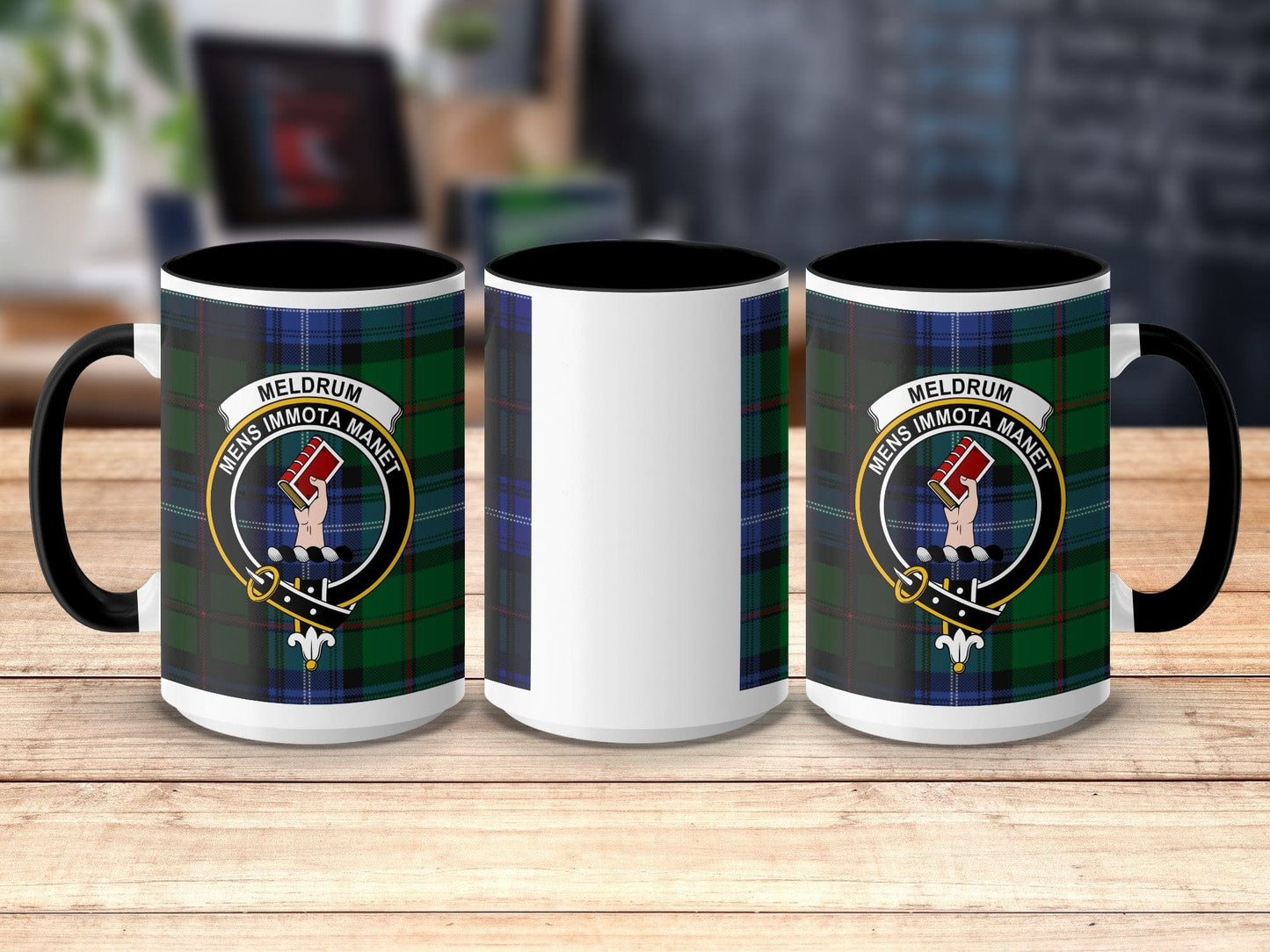 Physical Item 15oz / Black Meldrum Clan Crest Tartan Scottish Mug