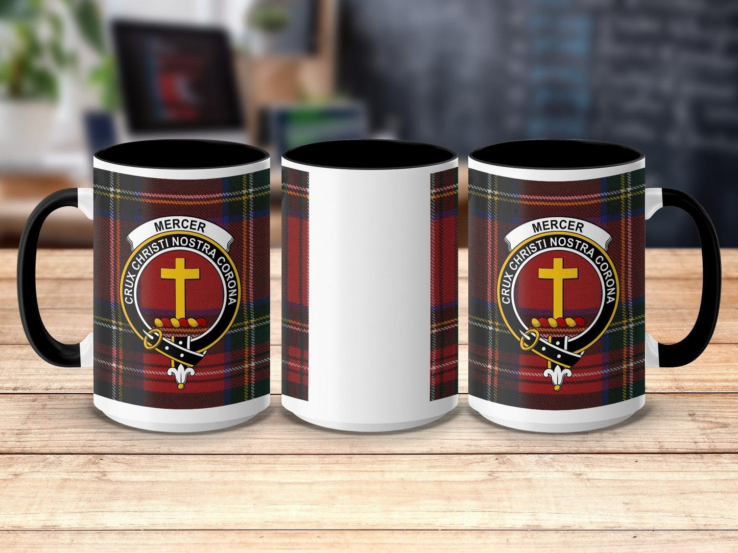 Physical Item 15oz / Black Mercer Clan Crest Tartan Scottish Mug