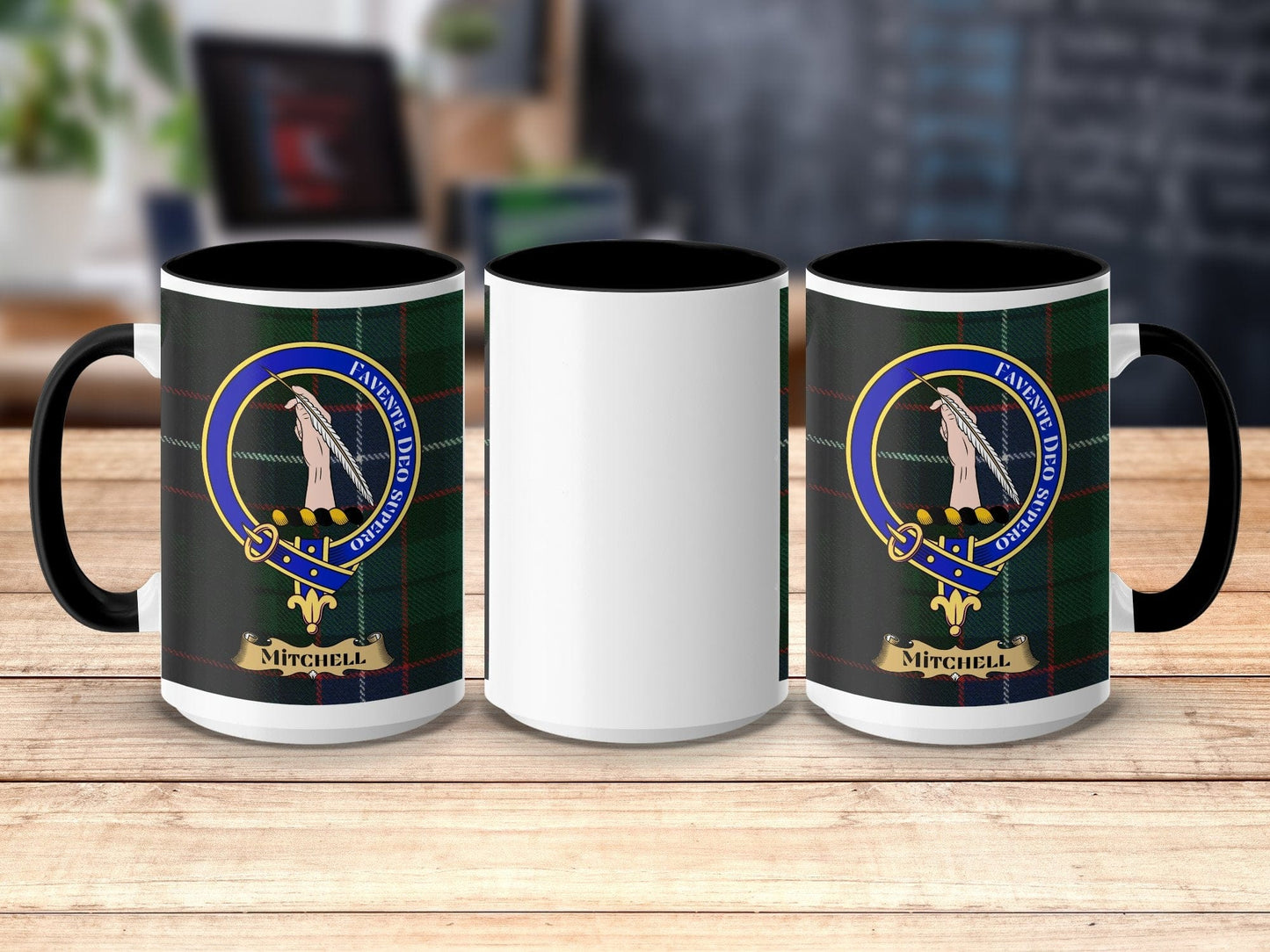 Physical Item 15oz / Black Mitchell Clan Scottish Tartan Crest Mug