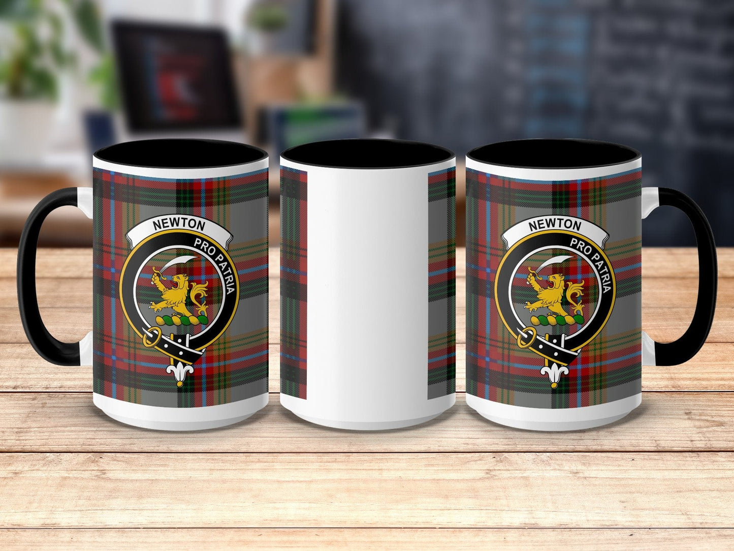 Physical Item 15oz / Black Newton Clan Crest Tartan Scottish Mug