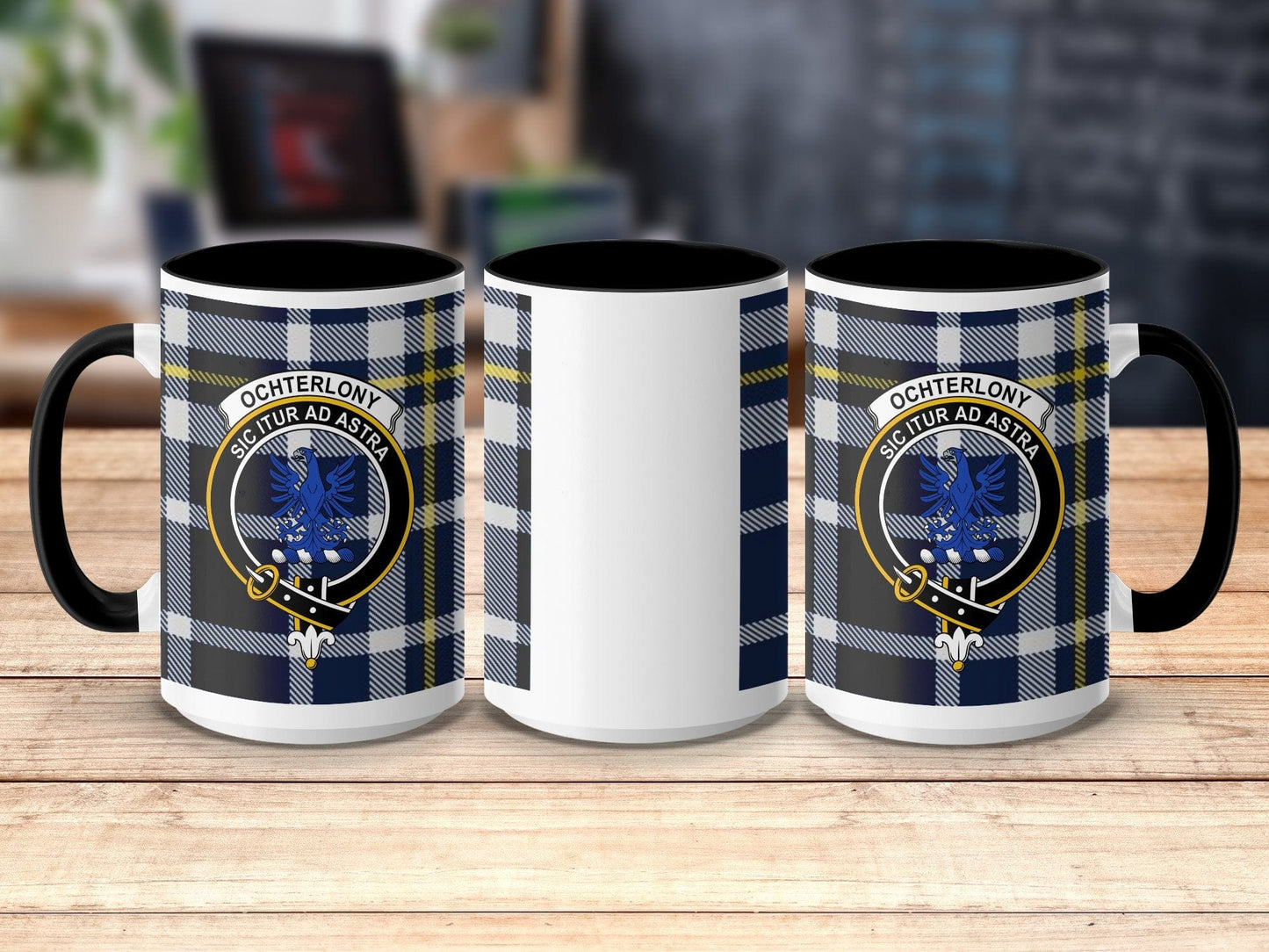 Physical Item 15oz / Black Ochterlony Clan Crest Tartan Scottish Mug