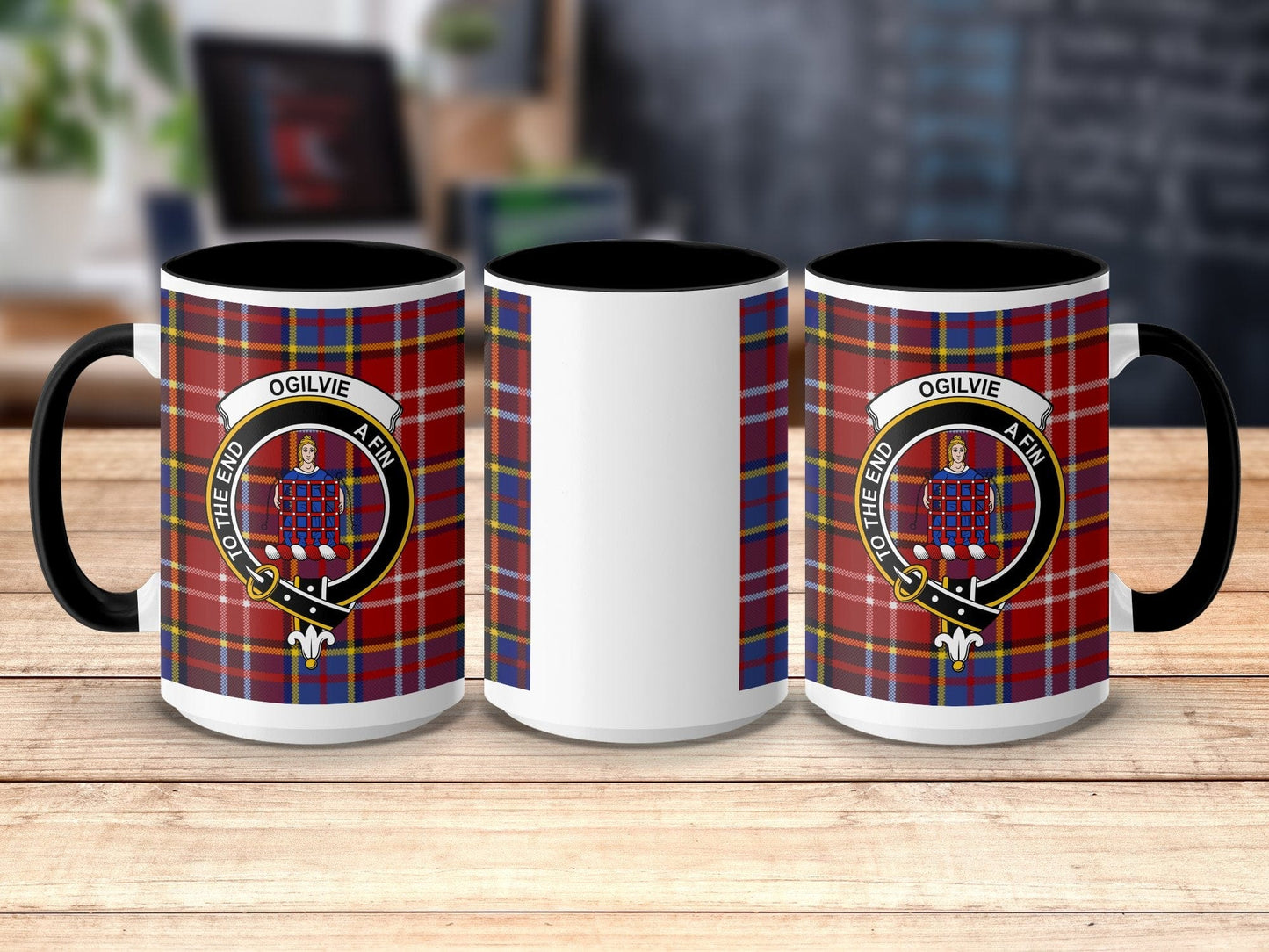 Physical Item 15oz / Black Ogilvie Clan Crest Tartan Scottish Mug