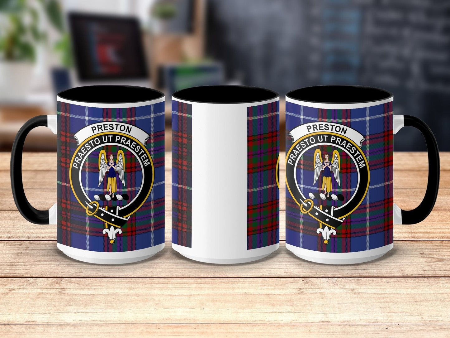 Physical Item 15oz / Black Preston Clan Crest Tartan Scottish Mug