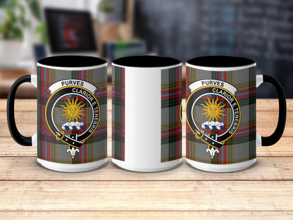 Physical Item 15oz / Black Purves Clan Crest Tartan Scottish Mug