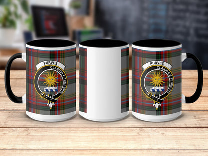 Physical Item 15oz / Black Purves Clan Crest Tartan Scottish Mug