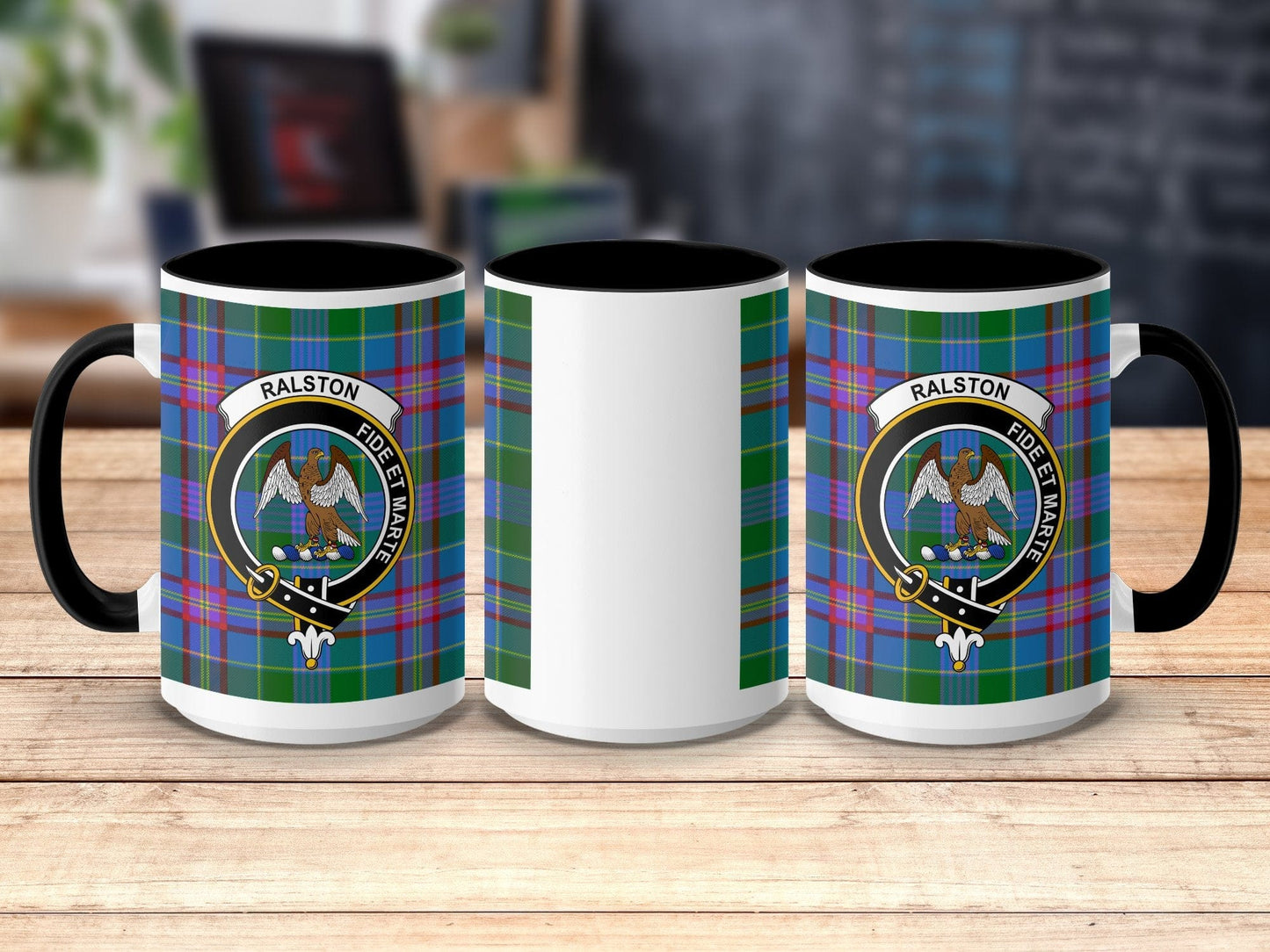 Physical Item 15oz / Black Ralston Clan Crest Tartan Scottish Mug