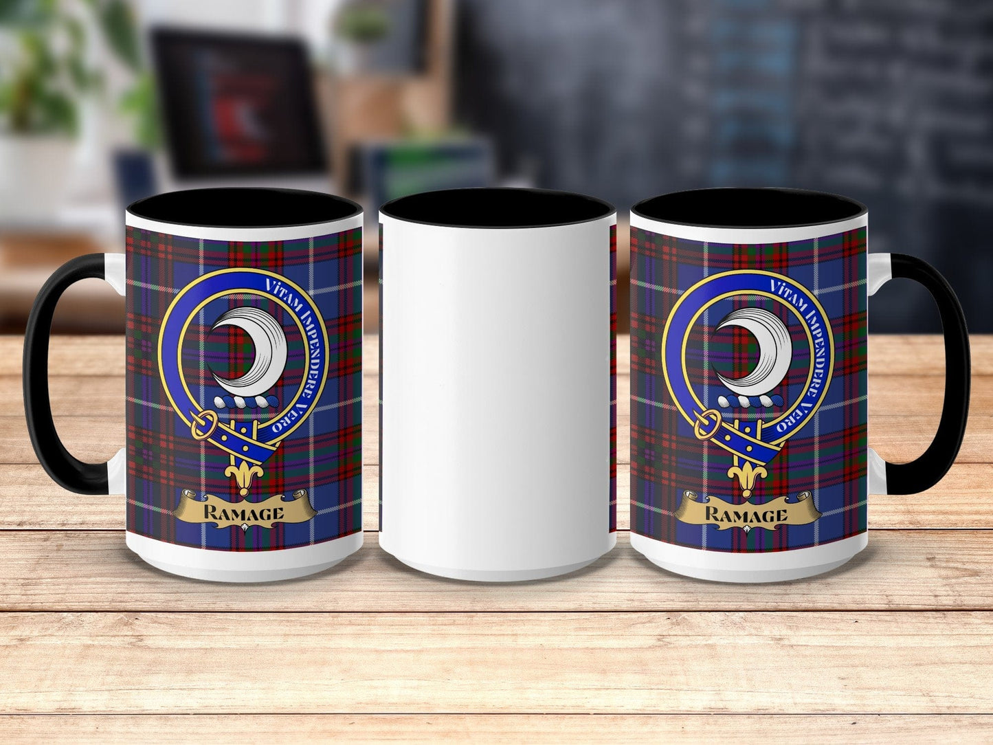 Physical Item 15oz / Black Ramage Clan Scottish Tartan Crest Mug