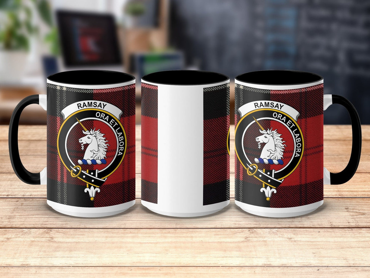 Physical Item 15oz / Black Ramsay Clan Crest Tartan Scottish Mug