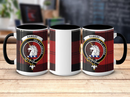 Physical Item 15oz / Black Ramsay Clan Crest Tartan Scottish Mug