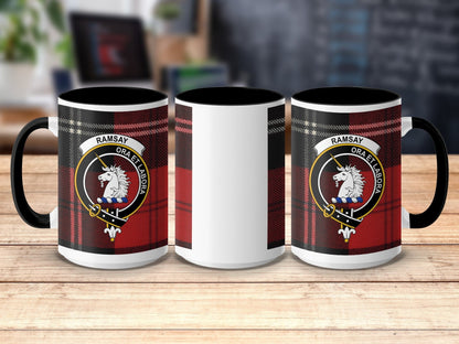 Physical Item 15oz / Black Ramsay Clan Crest Tartan Scottish Mug