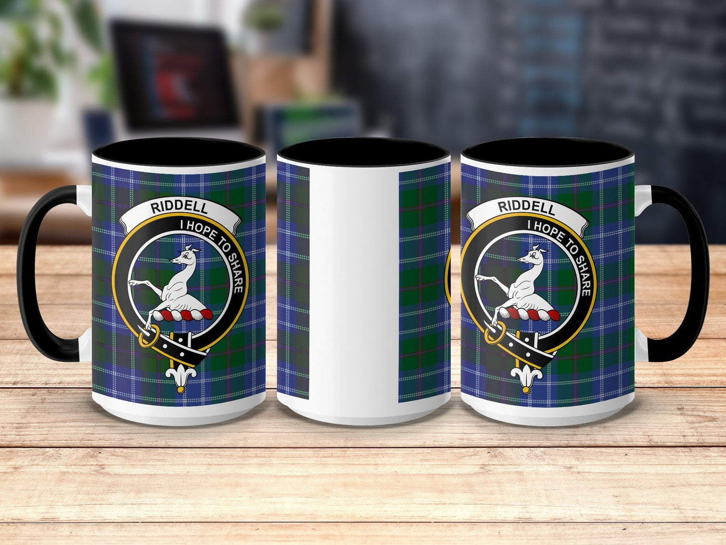 Physical Item 15oz / Black Riddell Clan Crest Tartan Scottish Mug