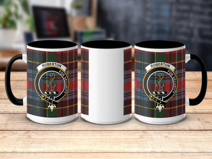 Physical Item 15oz / Black Roberton Clan Crest Tartan Scottish Mug